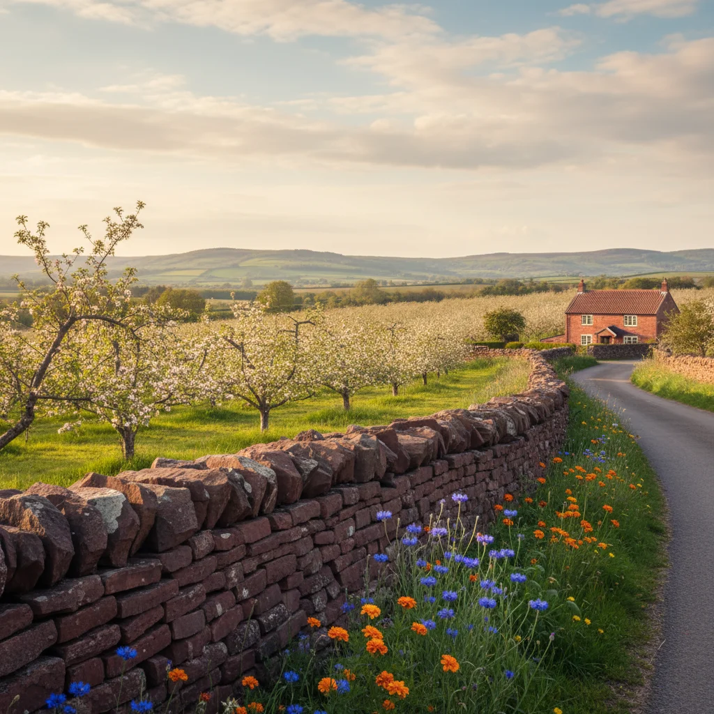 A Somerset country lane edged with red sandstone wall, cottage-garden flowers and an apple orchard, with the Quantock Hills rising in the distance